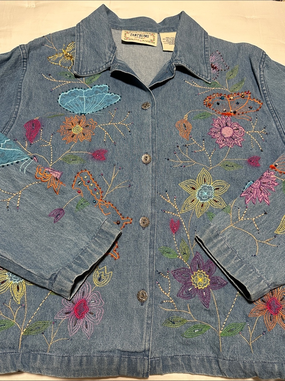 Tantrums Light Blue Denim Jacket. Multicolor Floral & Butterfly Embroidery